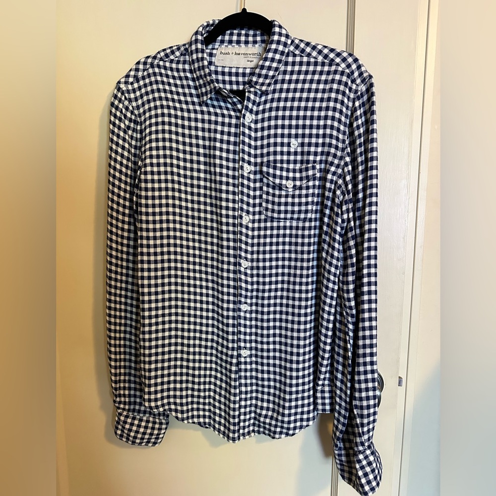 Men’s Bush and Leavenworth Navy Gingham button up shirt, size large